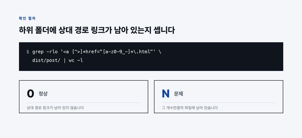 확인 명령의 결과가 0이면 상대 경로 링크가 남아 있지 않은 정상 상태이고, 0이 아니면 그 개수만큼의 파일에 남아 있다