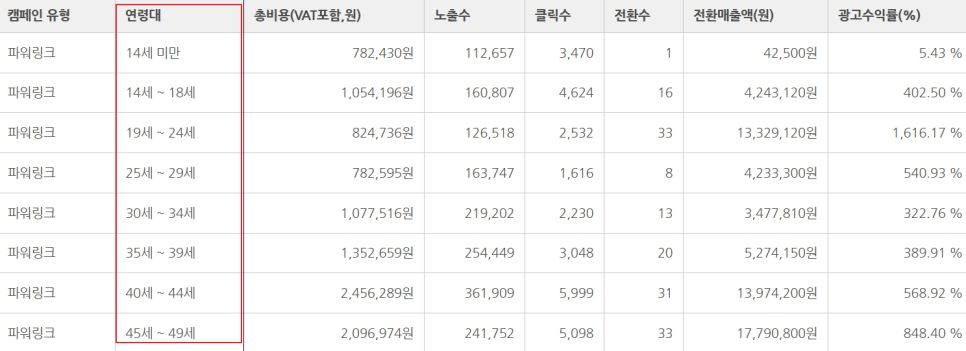 <네이버 검색광고 보고서 - 연령별 세분화>